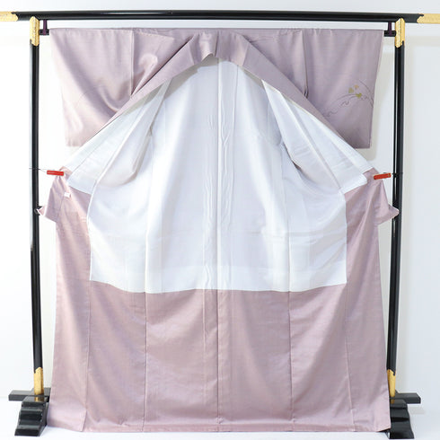 訪問着 身丈174.5cm 裄66.8cm 袷 紬 蔦や花模様 高尾健三 パープル LLサイズ お洒落 正絹 広衿 Sランク