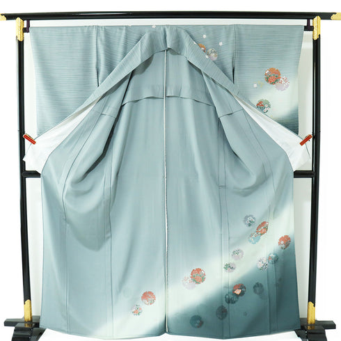 付下げ リサイクル 身丈160.5cm 裄67.2cm 単衣 ぼかし柄 雪輪柄 花柄 刺繍 箔加工 グリーン Lサイズ セミフォーマル 正絹 広衿 Sランク