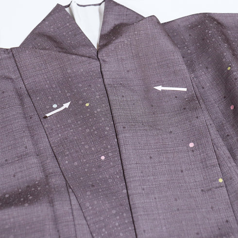 小紋 リサイクル 身丈163.5cm 裄70.6cm 袷 水玉柄 地紋 パープル Lサイズ お洒落 カジュアル 正絹 広衿 Aランク