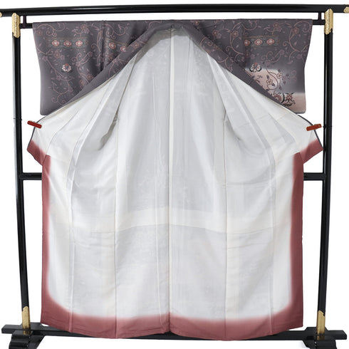 訪問着 リサイクル 身丈155.8cm 裄64.6cm 袷 更紗柄 グレー Mサイズ お洒落 正絹 広衿 Aランク