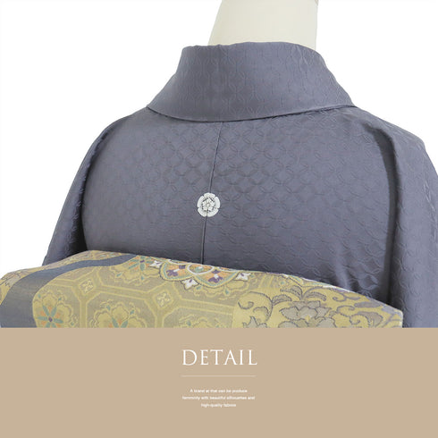 色無地 リサイクル 身丈158cm 裄62.4cm 袷 七宝柄 パープル Mサイズ セミフォーマル お洒落 一つ紋 正絹 広衿 地紋あり Sランク