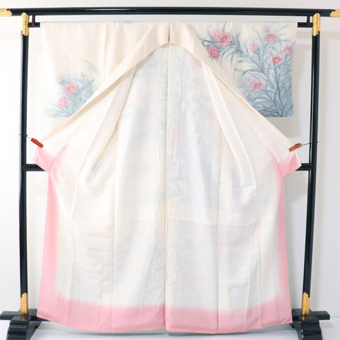 訪問着 リサイクル 身丈160.5cm 裄63.2cm 袷 花柄 地紋 ホワイト Lサイズ お洒落 正絹 広衿 Sランク