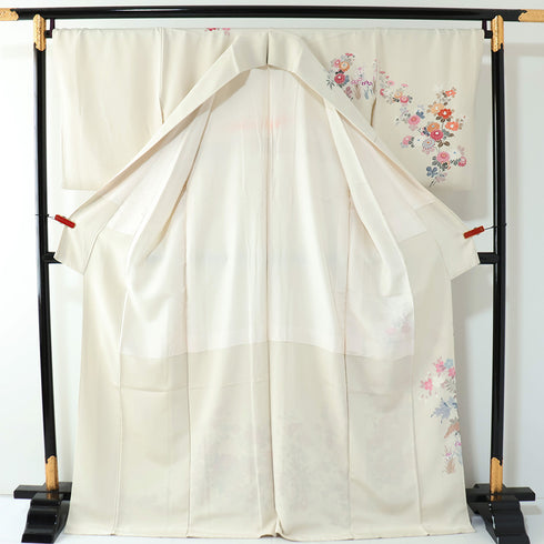 訪問着 リサイクル 身丈168.7cm 裄69.4cm 袷 牡丹や菊柄 アイボリー LLサイズ セミフォーマル お洒落 正絹 広衿 Bランク