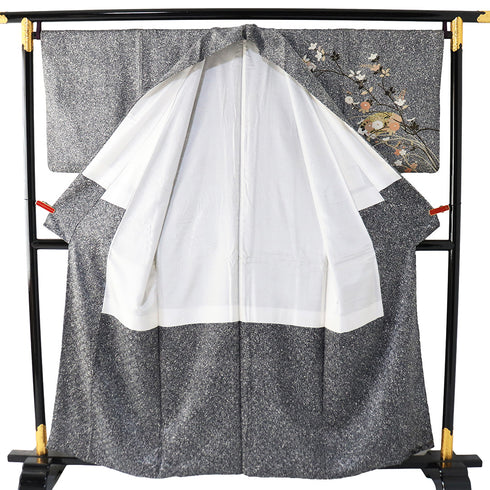 訪問着 リサイクル 身丈157cm 裄69.4cm 袷 たたき総柄地 箔 花柄 ブラック Mサイズ セミフォーマル 正絹 広衿 Sランク