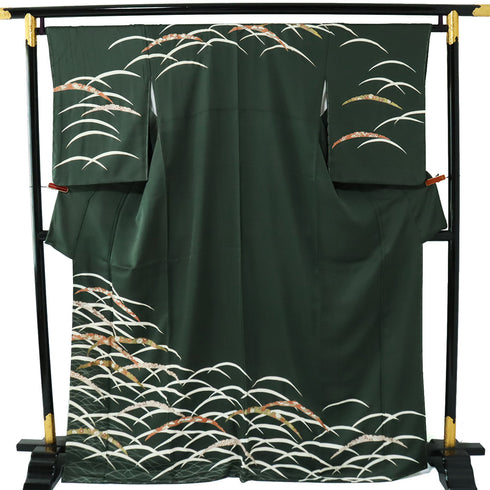 訪問着 リサイクル 身丈167.2cm 裄66.4cm 袷 雪芝柄 金駒刺繍 グリーン LLサイズ お洒落 正絹 広衿 Sランク
