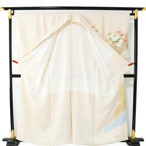 訪問着 リサイクル 身丈158cm 裄65.8cm 袷 御所車に鴛鴦や松竹梅柄 箔 作家 松井青々 ピンク Mサイズ フォーマル セミフォーマル 正絹 広衿 Aランク