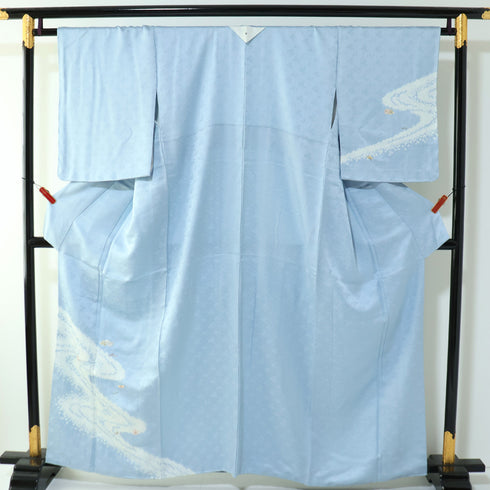 付下げ リサイクル 身丈159.3cm 裄66.4cm 袷 流水柄 花柄 絞り 刺繍 地紋 ブルー Mサイズ セミフォーマル お洒落 一つ紋 正絹 広衿 Sランク