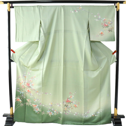 付下げ リサイクル 身丈166.5cm 裄69.4cm 袷 花に枝模様 グリーン LLサイズ フォーマル セミフォーマル 正絹 広衿 Sランク