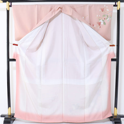 付下げ リサイクル 身丈163.5cm 裄66.2cm 袷 木蓮柄 刺繍 箔 ピンク Lサイズ セミフォーマル お洒落 正絹 広衿 Sランク