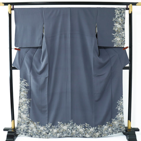 訪問着 リサイクル 身丈163cm 裄67.4cm 袷 花柄 パールトーン加工 箔 ブルー Lサイズ お洒落 正絹 広衿 Aランク