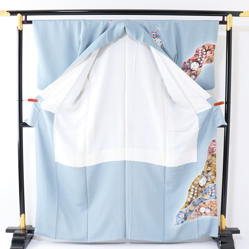 訪問着 リサイクル 身丈161.7cm 裄64.4cm 袷 辻が花 桐屋・翠山工房 絞り ブルー Lサイズ お洒落 落款 正絹 広衿 Sランク