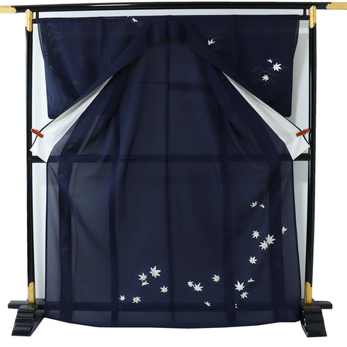付下げ リサイクル 夏着物 身丈167.6cm 裄66.8cm 夏物 紅葉柄 刺繍 箔加工 銀駒 絽 ネイビー LLサイズ お洒落 正絹 広衿 Sランク