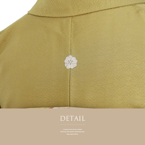 色無地 リサイクル 身丈168.5cm 裄66.4cm 袷 花柄 イエロー LLサイズ セミフォーマル 一つ紋 正絹 広衿 地紋あり Sランク