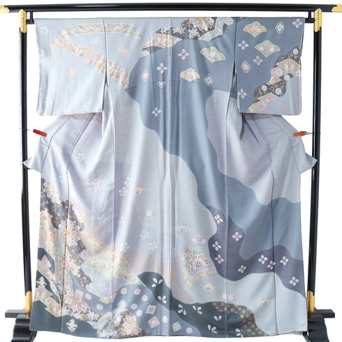 訪問着 リサイクル 身丈166cm 裄66.8cm 袷 道長取りに華文柄 金駒刺繍 ゆったりサイズ ブルー LLサイズ フォーマル セミフォーマル しつけ糸 正絹 広衿 Sランク