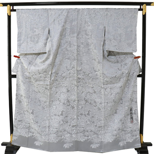 訪問着 リサイクル 身丈163.5cm 裄66cm 袷 鳳凰に花や蝶柄 山岡古都 天目織 グレー Lサイズ お洒落 正絹 広衿 Aランク