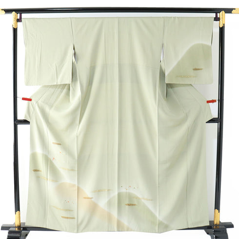 訪問着 リサイクル 身丈157.7cm 裄67.8cm 袷 山に霞模様 刺繍 箔 グリーン Mサイズ お洒落 セミフォーマル 正絹 広衿 Aランク