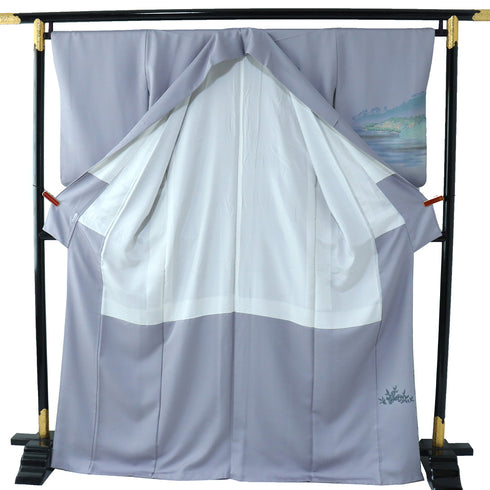 訪問着 リサイクル 身丈167.5cm 裄66.4cm 袷 京都嵐山渡月橋柄 箔 パープル LLサイズ お洒落 正絹 広衿 Sランク