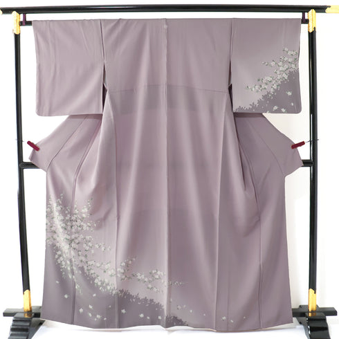 訪問着 リサイクル 身丈160.5cm 裄66.2cm 袷 桜柄 花枝模様 パープル Lサイズ セミフォーマル お洒落 一つ紋 正絹 広衿 Sランク