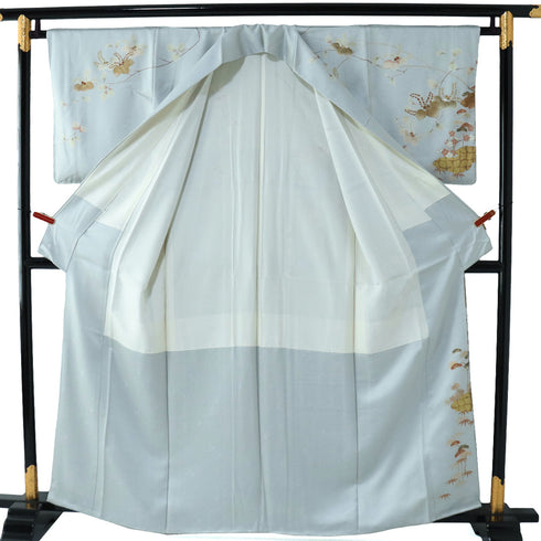 訪問着 リサイクル 身丈159.5cm 裄64.4cm 袷 桐柄 松竹梅柄 金駒刺繍 箔加工 グレー Mサイズ フォーマル セミフォーマル しつけ糸 正絹 広衿 Sランク