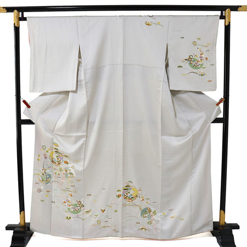 訪問着 リサイクル 身丈162cm 裄66cm 袷 花柄 ホワイト Lサイズ フォーマル セミフォーマル 正絹 広衿 Sランク