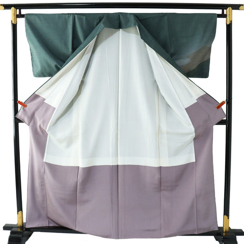 付下げ リサイクル 身丈160cm 裄64.6cm 袷 紬 抽象柄 グリーン Mサイズ お洒落 しつけ糸 正絹 広衿 Sランク