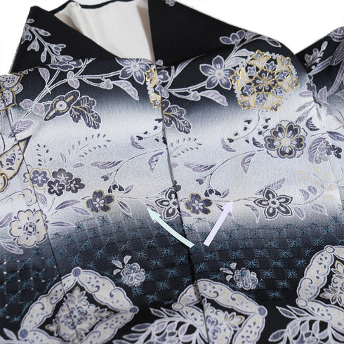 訪問着 リサイクル 身丈165cm 裄68cm 袷 華紋柄 更紗柄 汕頭刺繍 ブラック Lサイズ お洒落 正絹 広衿 Aランク