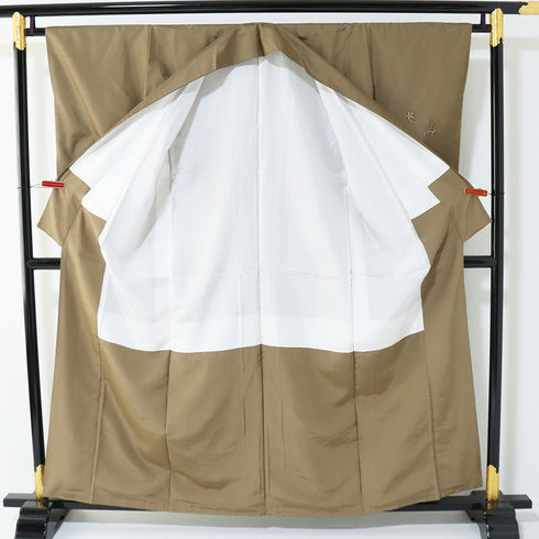 訪問着 リサイクル 身丈159cm 裄65cm 袷 紬 刺繍 華文柄 ゆったり ブラウン Mサイズ お洒落 正絹 広衿 Sランク