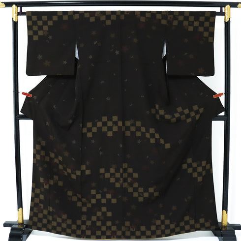 付下げ リサイクル 身丈162cm 裄64.8cm 袷 市松に桜柄 ブラウン Lサイズ お洒落 ポリエステル 広衿 Sランク