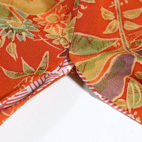 道中着 リサイクル 身丈131.2cm 裄64.8cm 袷 ロング丈 花や鳥柄 オレンジ Mサイズ お洒落 正絹 Sランク