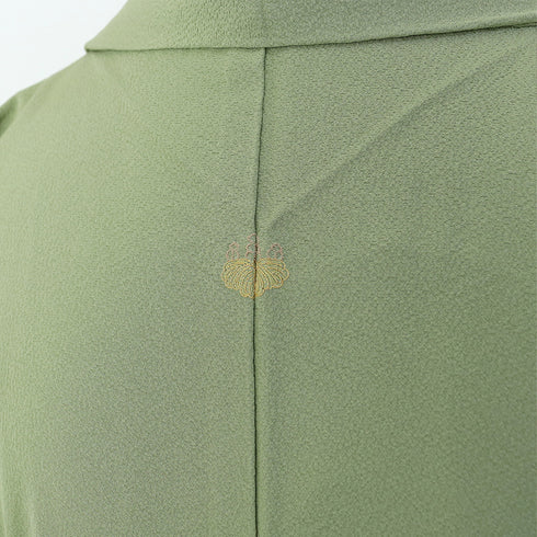 色無地 リサイクル 身丈159.8cm 裄64.4cm 袷 グリーン Mサイズ セミフォーマル 一つ紋 しつけ糸 正絹 広衿 Sランク