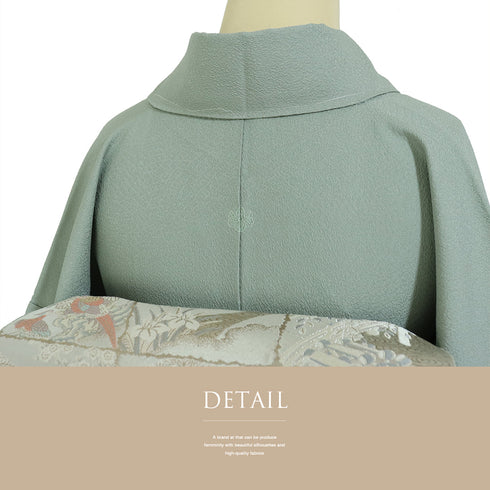 色無地 リサイクル 身丈162.5cm 裄62cm 袷 グリーン Lサイズ セミフォーマル フォーマル 一つ紋 しつけ糸 正絹 広衿 地紋あり Sランク