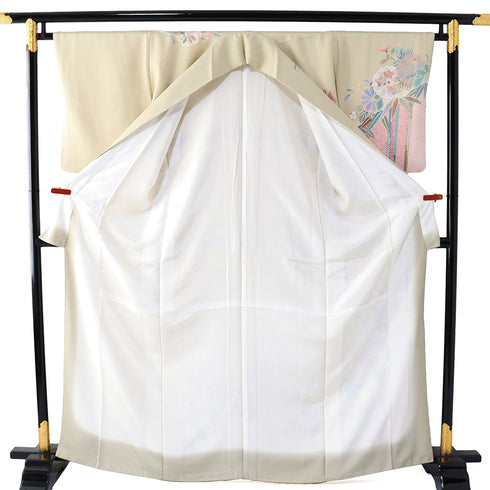 付下げ リサイクル 身丈163.5cm 裄65.6cm 袷 地紋 箔加工 部分たたき 菊柄 竹柄 アイボリー Lサイズ お洒落 正絹 広衿 Sランク