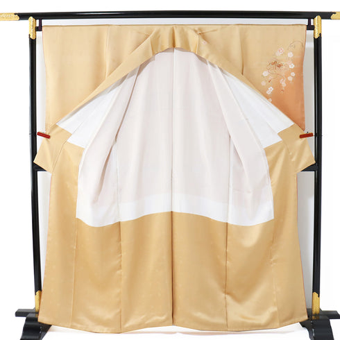 訪問着 リサイクル 身丈159.5cm 裄67cm 袷 文箱や枝垂れ花柄 地紋 金駒刺繍 ゆったりサイズ オレンジ Mサイズ セミフォーマル 正絹 広衿 Sランク