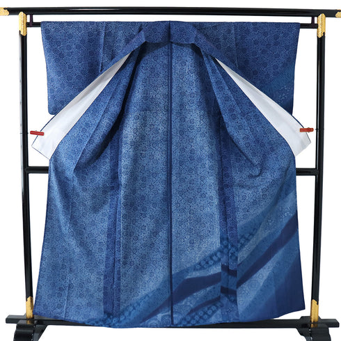 訪問着 リサイクル 身丈156cm 裄63cm 袷 藍染め 更紗柄 部分絞り ブルー Mサイズ セミフォーマル 正絹 広衿 Aランク