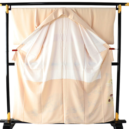 色留袖 リサイクル 身丈157.8cm 裄67.4cm 袷 波頭に四季花柄 金駒刺繍 ベージュ Mサイズ セミフォーマル 一つ紋 正絹 広衿 Aランク