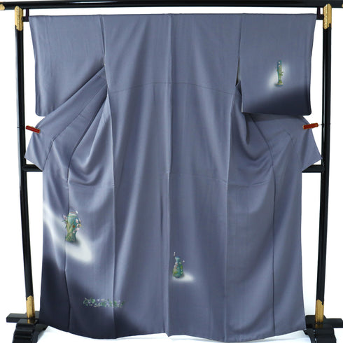 付下げ リサイクル 身丈161.5cm 裄68.4cm 袷 おしゃれ花瓶・ぶどう柄 押し花あり ブルー Lサイズ お洒落 正絹 広衿 Sランク