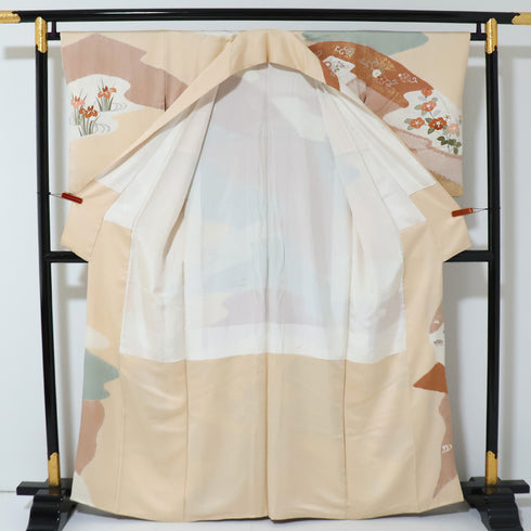 訪問着 リサイクル 身丈161.2cm 裄65.2cm 袷 染めわけ絞り 松や菊柄 箔 多色 Lサイズ セミフォーマル お洒落 正絹 広衿 Bランク