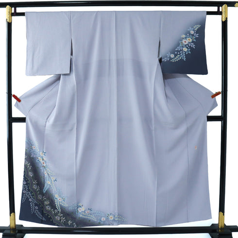 付下げ リサイクル 身丈151.8cm 裄61.2cm 袷 辻ヶ花柄 絞り加工 ミシン 胴裏化繊 ブルー Sサイズ セミフォーマル お洒落 正絹 広衿 Sランク