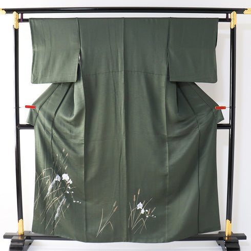 付下げ リサイクル 身丈157.2cm 裄62.4cm 袷 胡蝶蘭 草花柄 箔 グリーン Mサイズ フォーマル セミフォーマル 正絹 広衿 Sランク