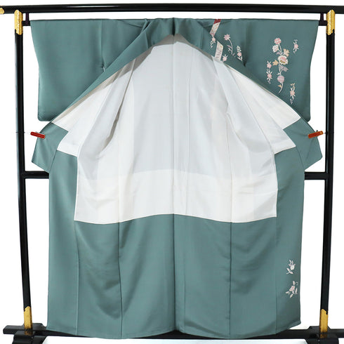 訪問着 リサイクル 身丈155cm 裄65.2cm 袷 花唐草柄 金駒刺繍 箔 グリーン Sサイズ セミフォーマル お洒落 正絹 広衿 Bランク