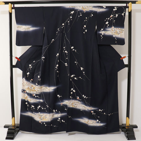 訪問着 リサイクル 身丈159cm 裄68.4cm 袷 草花や松菊柄 ネイビー Mサイズ セミフォーマル お洒落 正絹 広衿 Sランク