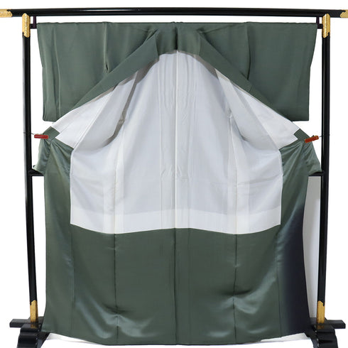 訪問着 リサイクル 身丈165.8cm 裄68.4cm 袷 裾ぼかし柄 箔 地紋 グリーン LLサイズ お洒落 正絹 広衿 Sランク