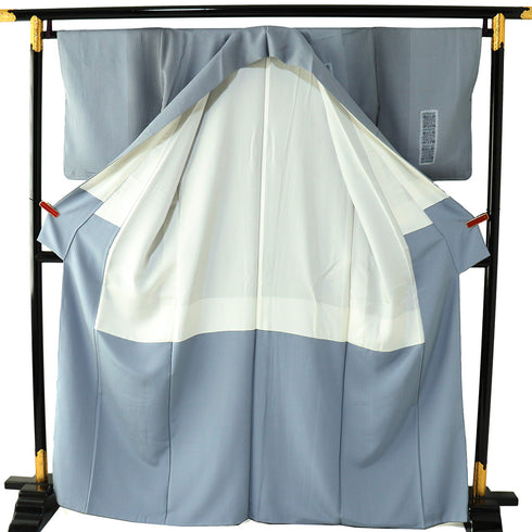 訪問着 リサイクル 身丈164.5cm 裄66.2cm 袷 紬 部分絞り 縞に短冊模様 後染め ゆったりサイズ ブルー Lサイズ お洒落 しつけ糸 正絹 広衿 Sランク