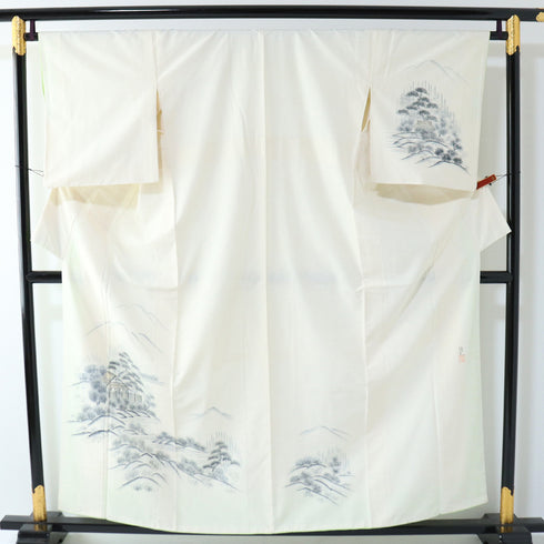 付下げ リサイクル 身丈158.2cm 裄66.8cm 袷 風景柄 作家物 重ね衿付き アイボリー Mサイズ お洒落 落款 正絹 広衿 Aランク