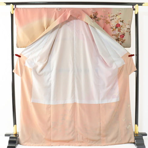 訪問着 リサイクル 身丈166.5cm 裄68.6cm 袷 菊柄 箔 胴裏化繊 ピンク LLサイズ セミフォーマル お洒落 正絹 広衿 Sランク