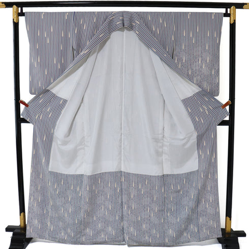 訪問着 リサイクル 身丈161.8cm 裄65.6cm 袷 ゆったりサイズ 花唐草模様 デザイン縞模様 ブルー Lサイズ お洒落 正絹 広衿 Sランク