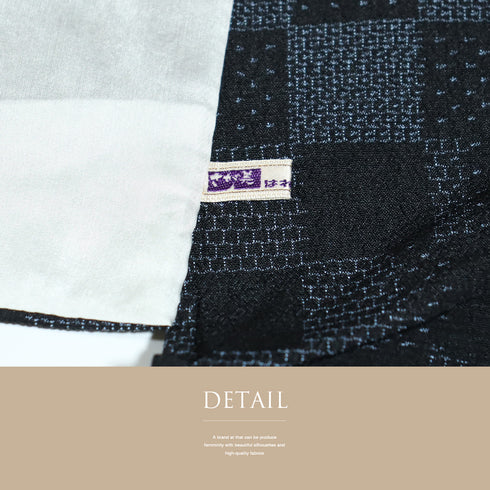 紬 リサイクル 身丈166cm 裄64.8cm 単衣 塩沢絣 市松柄 ネイビー LLサイズ お洒落 カジュアル 証紙 正絹 広衿 Sランク