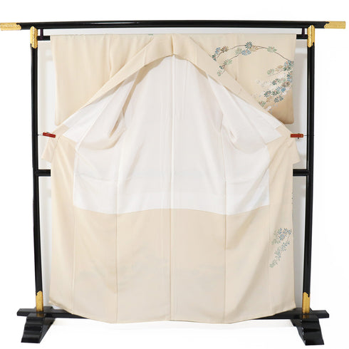 訪問着 リサイクル 身丈159cm 裄64.4cm 袷 松葉や富士柄 ベージュ Mサイズ セミフォーマル お洒落 正絹 広衿 Aランク