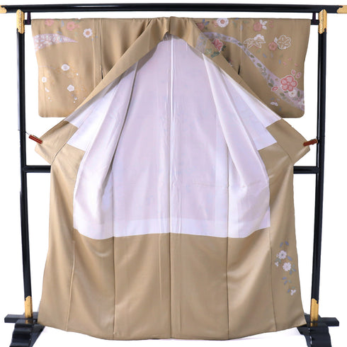 訪問着 リサイクル 身丈161.8cm 裄66.4cm 袷 梅竹 箔 ブラウン Lサイズ セミフォーマル お洒落 正絹 広衿 Sランク