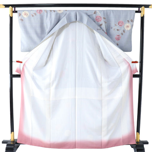 付下げ リサイクル 身丈162.7cm 裄64.8cm 袷 紬 巻き上げ絞りに花柄 ブルー Lサイズ お洒落 正絹 広衿 Aランク